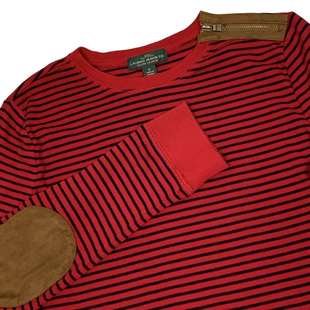 Lauren Jeans Co Red Striped Long Sleeve Top Womens Small Zipper Elbow Patches